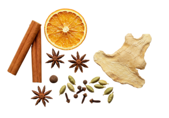 Aromatic dried winter spices: cinnamon sticks, star anise, dried orange, ginger, cloves, cardamom, allspice, artfully scattered on a transparent background, festive culinary inspiration