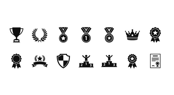 Collection of award icons in silhouette style, featuring a trophy, laurel wreath, medals, crown, podium with winners, shield, ribbon, and certificate, representing achievement, victory, and