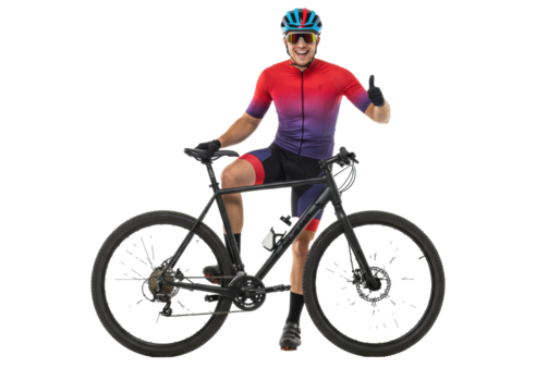 Young caucasian man, early 20s, in vibrant ombre cycling gear, dark sunglasses, riding a sleek black mountain bike, giving a thumbs-up on a transparent background, energetic active lifestyle concept