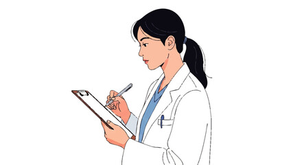 Illustration of a female doctor or nurse in a white lab coat writing on a clipboard with a pen, viewed in profile against a plain white background.