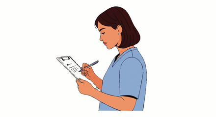 Illustration of a woman with brown hair wearing a blue shirt writing on a clipboard with a pen against a white background.