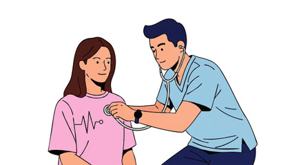 A male doctor using a stethoscope to examine a female patient wearing a pink shirt with a heartbeat line on it against a clean white background.