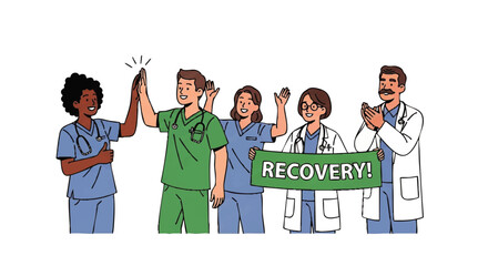 Illustration of diverse medical professionals celebrating recovery with a sign and gestures on a white background with a hopeful mood.