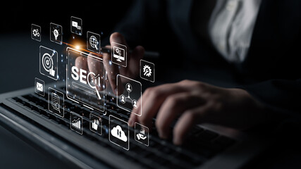 SEO concept for improving SEO visibility, with SEO related digital tools and SEO performance icons...