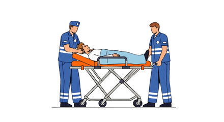 Two paramedics in blue uniforms pushing a stretcher with a patient on it across a white background in a graphic illustration.