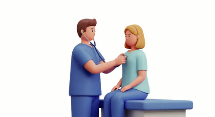 A male doctor in blue scrubs examining a female patient sitting on a blue medical examination table with a stethoscope in a clinical setting.