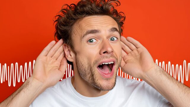 Young man with curly hair is engaging with sound waves, first showing curiosity, then surprise, and finally joy, as the camera captures the emotional progression in a vibrant setting