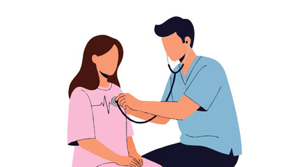 A doctor using a stethoscope to examine a patient in a simple, illustrative style with a clean white background and a calm mood.