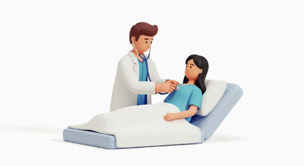 A doctor in a white coat checks the wrist of a patient lying on a medical examination table with a clean white background.