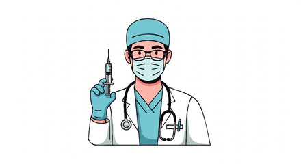Illustration of a medical professional wearing protective gear holding a syringe against a clean white background.