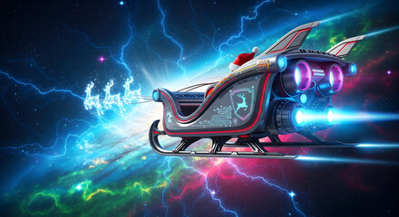 Futuristic Sleigh Flying Through Space with Glowing Reindeer and a Holiday Hat