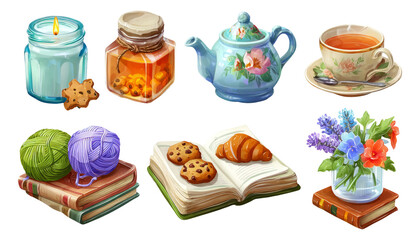 Cozy Home Illustration with Tea, Cookies, Candle, and Flowers on Transparent Background