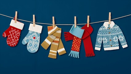 Paper craft winter clothes&mdash;mittens, scarves, sweater&mdash;hung on a line against blue. Cozy holiday illustration for Christmas cards, invitations, and seasonal designs.