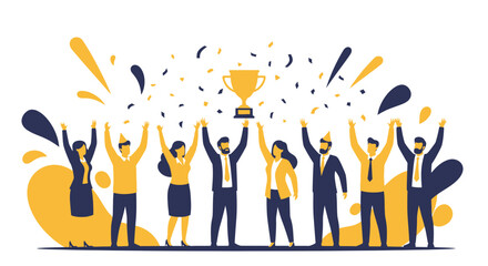 Triumphant Team Celebrating Their Victory, Holding a Golden Trophy High Above Their Heads