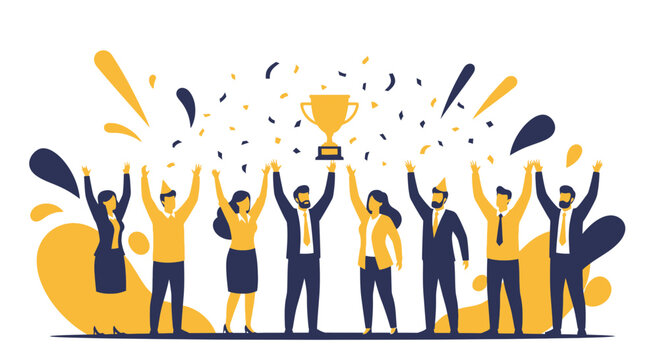 Triumphant Team Celebrating Their Victory, Holding a Golden Trophy High Above Their Heads