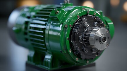 Green Industrial Electric Motor Closeup Machine Part Precision Engineering
