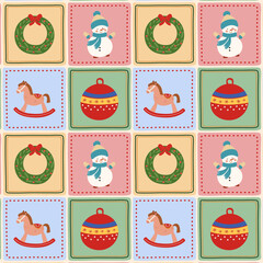 Seamless pattern with a Christmas wreath, snowman, rocking horse, and ornament. A festive design element for holiday decor or fabric print.
