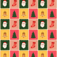 Seamless Christmas patchwork pattern with Santa Claus, bells, Christmas tree, and stocking for holiday backdrops, wrapping paper, fabric, and decor.