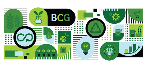 BCG concept for sustainable economy development. Bioeconomy, circular economy, green economy with icons for web banner background template. Environment eco friendly. Vector illustrator flat design.