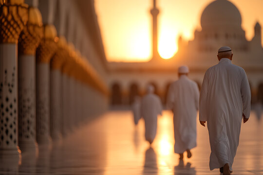 Tranquil sunset stroll: individuals in traditional attire walking towards a mosque, bathed in golden light. Peaceful ambiance, promoting serenity and cultural appreciation.