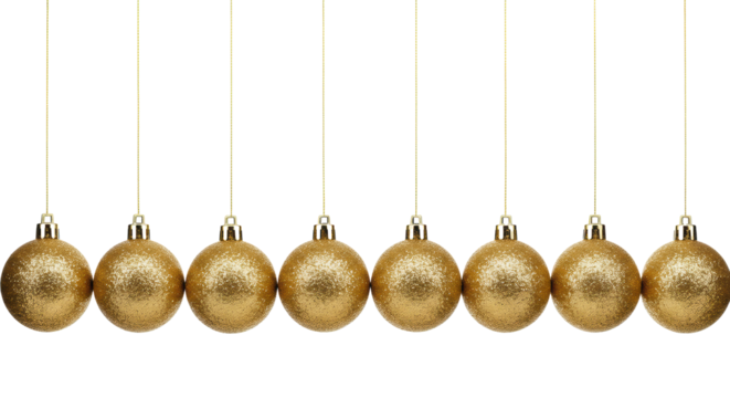A horizontal row of twelve sparkling gold glitter Christmas baubles with polished silver caps, suspended at varying heights on thin black strings against a transparent background with copy space,