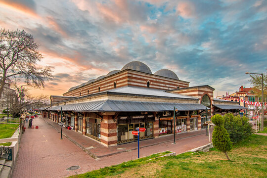 Edirne, Turkey - March 20, 2019 : Old Bedesten Shopping Center exterior view in Edirne City of Turkey. Edirne was capital of Ottoman Empire.