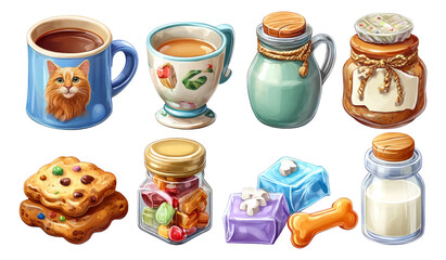 Cute Kitchen Objects with Beverages and Treats Isolated on Transparent Background