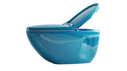 A blue toilet with open lid on transparent background