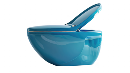 A blue toilet with open lid on transparent background