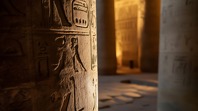 A pillar covered in hieroglyphs stands tall in a temple. Carvings illuminated by warm light. Ancient artistry and architecture captured. Historical details preserved. - Powered by Adobe
