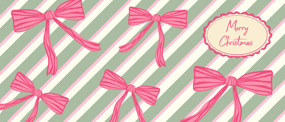 Pink bows on a striped green background, Merry Christmas banner template. Festive pattern for greeting cards or gift wrapping.