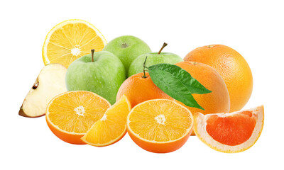 colorful grouping of fresh citrus and orchard fruits, featuring oranges, green apples, grapefruit, and lemon slices, beautifully arranged and isolated on black.