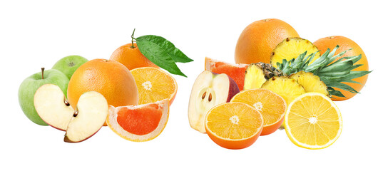 large, appetizing composition of fresh citrus and tropical fruits, including grapefruit, oranges, pineapple slices, apples, and lemon, isolated precisely on black.