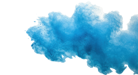 Vibrant cloud of ultrafine blue particles, shimmering like delicate dust in suspended diffusion against a transparent seamless studio background with copy space, abstract elegance concept