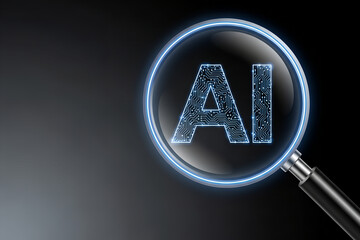 Magnifying glass zooming on glowing AI letters representing artificial intelligence, innovation, automation, and future technology