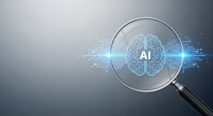 Magnifying glass focusing on glowing digital brain network symbolizing artificial intelligence, deep learning, and neural technology