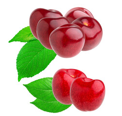 cluster of ripe, sweet, red cherries without stems, paired with vibrant green leaves, showcasing rich color and glossy texture, isolated on black.