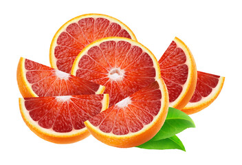grouping of freshly cut ripe blood orange halves and segments, displayed with bright green leaves, isolated against a solid transparent background in a studio photograph.