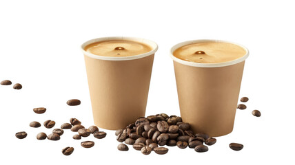Two cups with beans scattered on transparent background