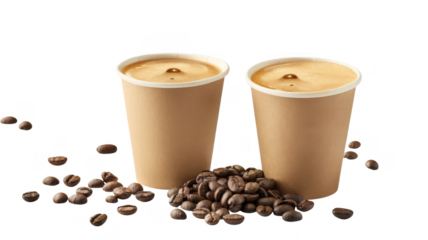 Two cups with beans scattered on transparent background