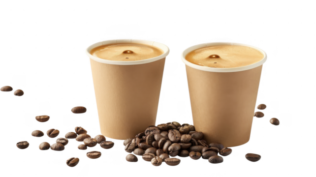 Two cups with beans scattered on transparent background