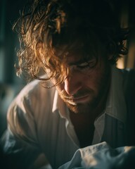 A confused businessman groggily waking up, disoriented, rumpled sheets, dim early morning light. Generative AI. 