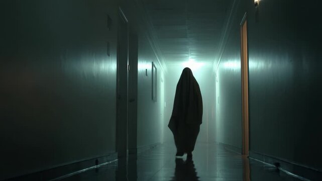 A Haunting Encounter in a Dimly Lit Hallway: Captivating Frames Highlighting the Eerie Presence of a Shrouded Figure in an Atmospheric Setting