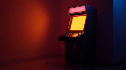 A retro arcade game stands in a dimly lit corner, its screen glowing with vintage charm, buttons gleaming, ready for players to relive classic gaming fun and nostalgia.