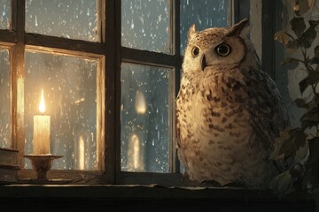 soft illustration of an owl looking out from a window while rain pours outside, candle light glowing
