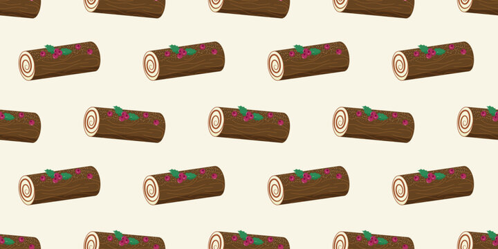 Seamless yule log pattern on beige. Flat design of Christmas chocolate cake repeating background, holiday baking texture. Winter vector illustration for cards, menu, banners