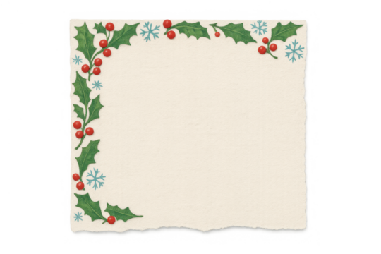 Holiday stationery frame with vintage holly berries and snowflakes decorating torn edge paper, transparent background