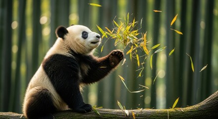 Obraz premium Happy Panda Playing With Bamboo in a Lush Forest