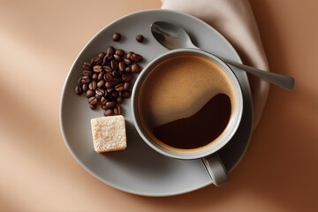 Top view of freshly brewed coffee with sugar cube and beans on a saucer