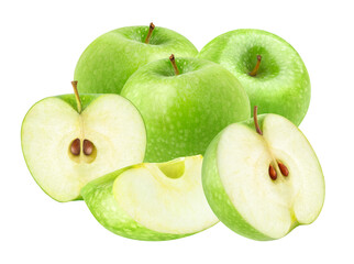 fresh and crisp green granny smith apples, including whole fruits and cross sections showing seeds, presented in a healthy food arrangement isolated on black.